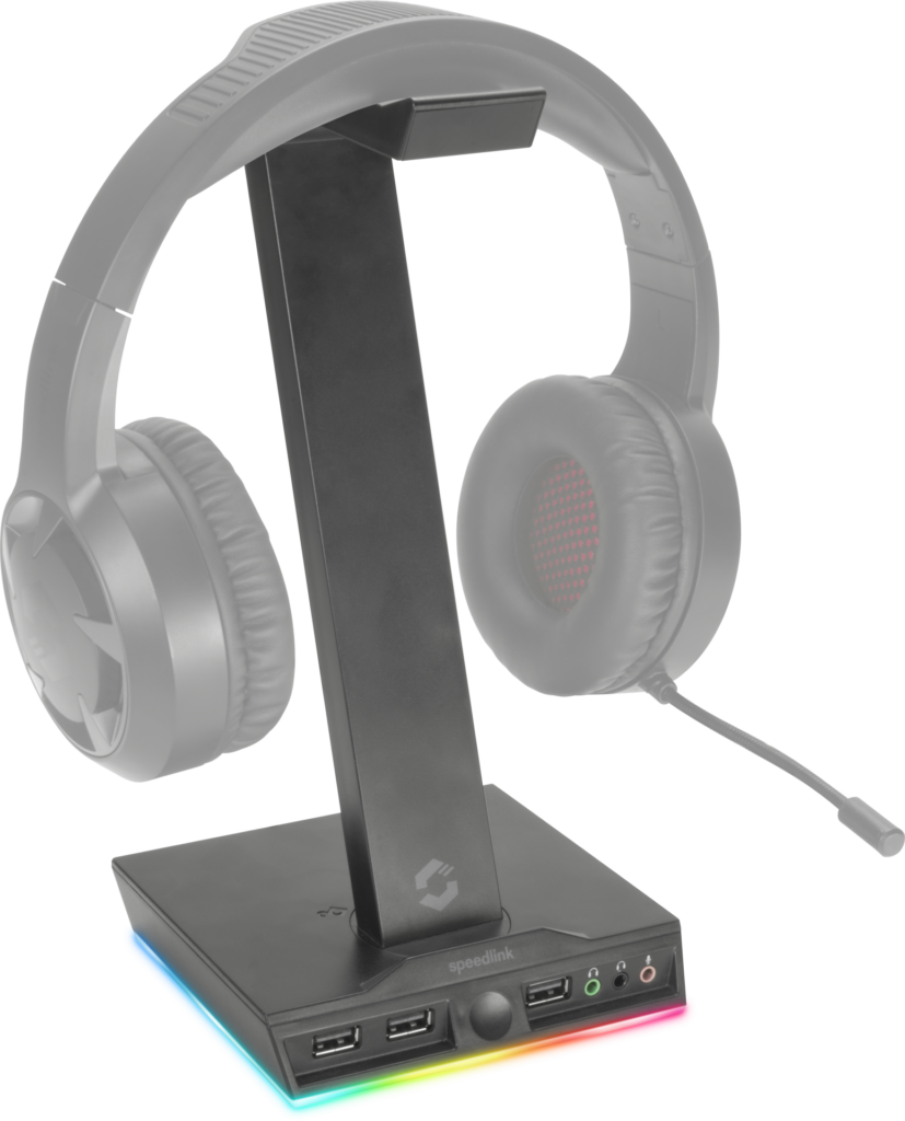 Speedlink Excello Headset Stand mit ausgegrautem Speedlink Headset und aktivierter RGB Beleuchtung, Produktbild